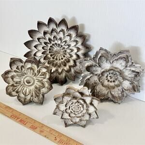 Carved Flower Sculptures Antique White Resin Shelf, Table Boho Chic Accent Decor